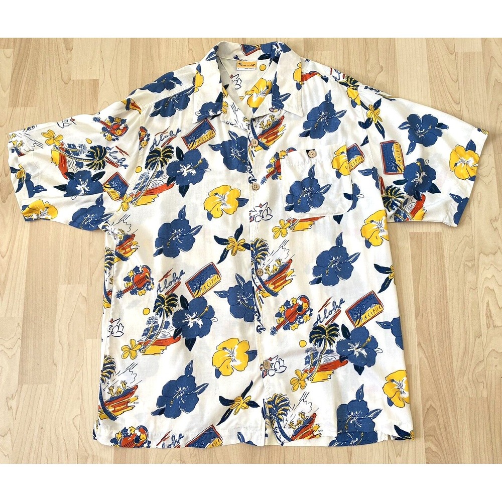 Down Under Hawaiian Shirt Men's Size L Beach Guitar Rayon Short Sleeve